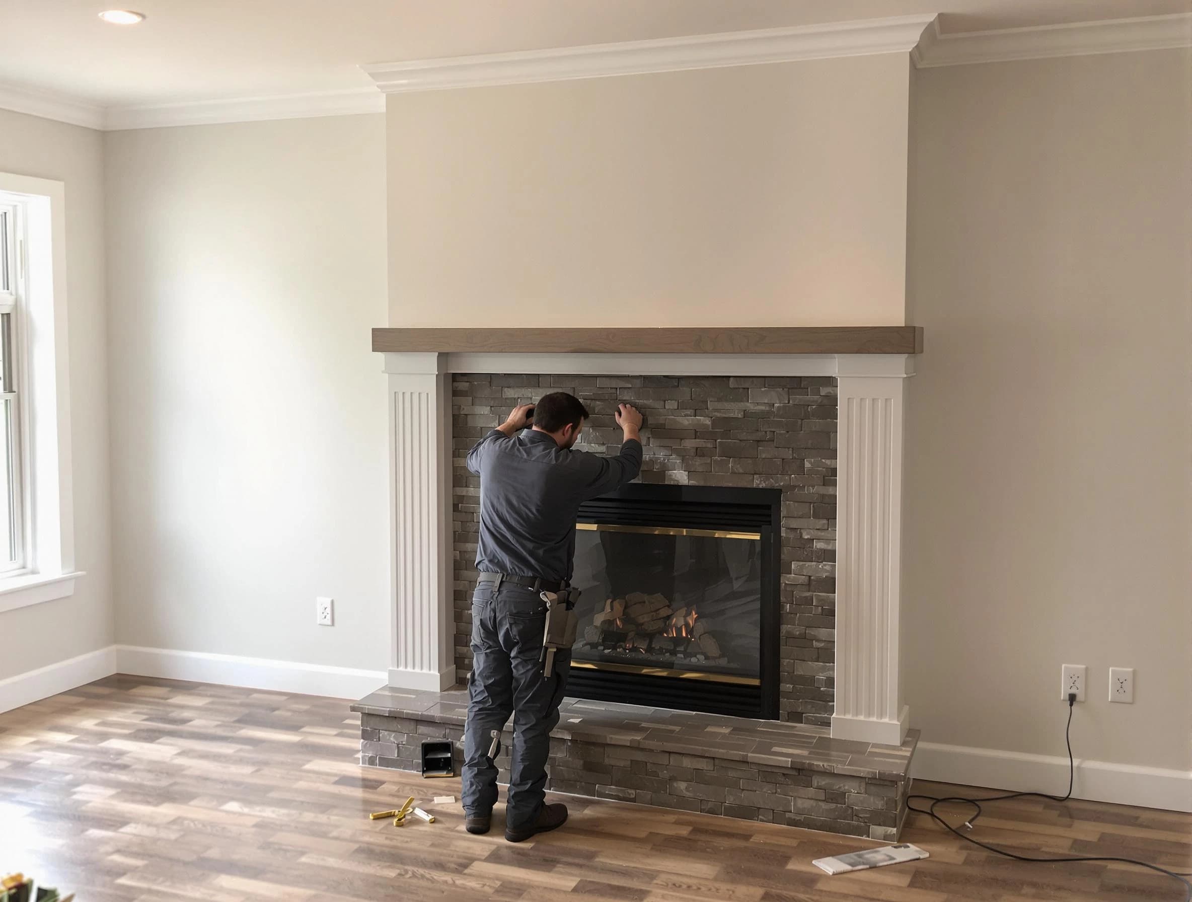 Evans Chimney Sweep finishing a custom fireplace install in Evans, CO