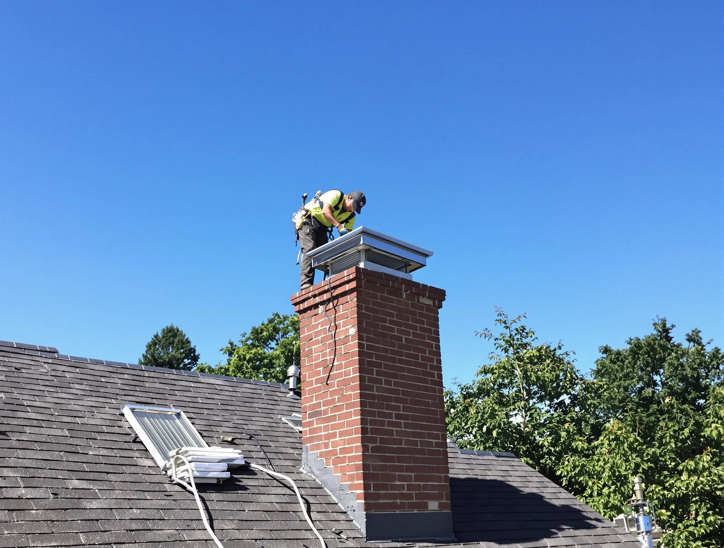 Evans Chimney Sweep technician measuring a chimney cap in Evans, CO