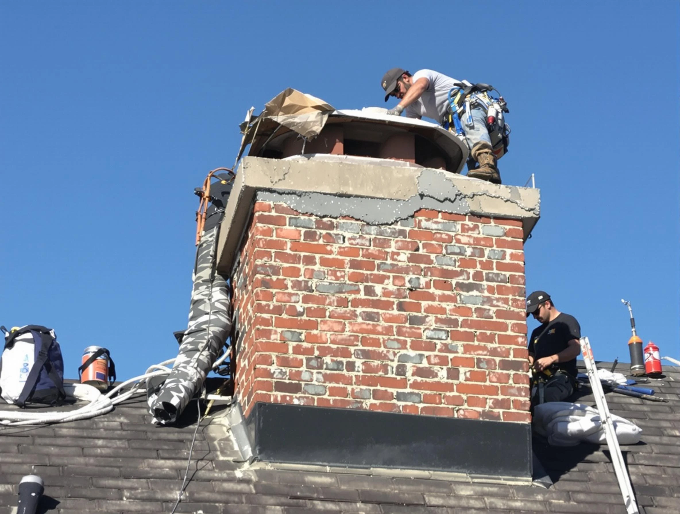 Evans Chimney Sweep installing a custom chimney crown in Evans, CO