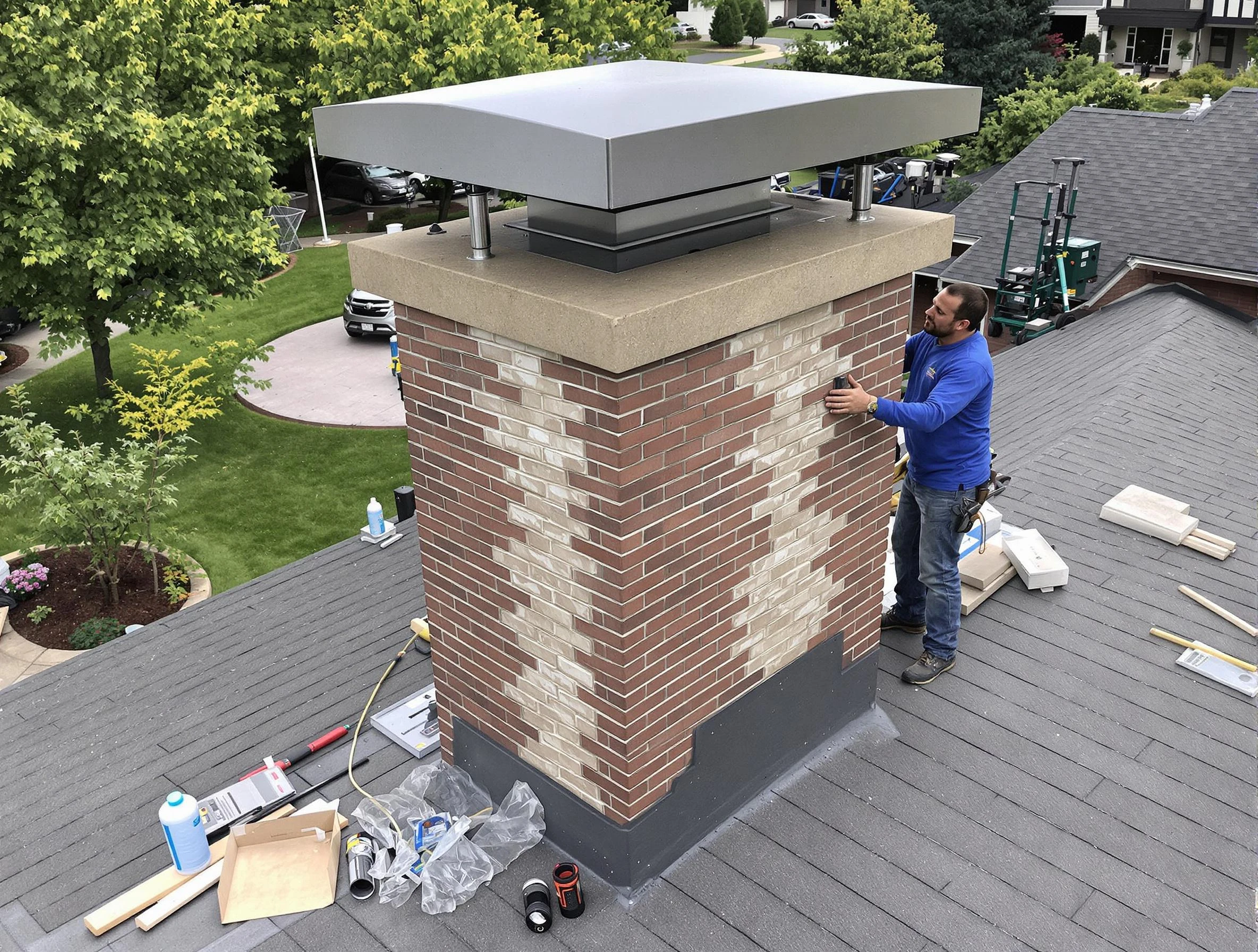 Evans Chimney Sweep team working on a custom chimney remodel in Evans, CO